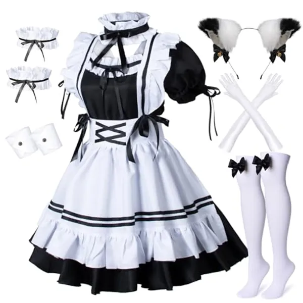 Wannsee Anime French Maid Apron Lolita Fancy Dress Cosplay Costume Furry Cat Ear Gloves Socks set(2XL)