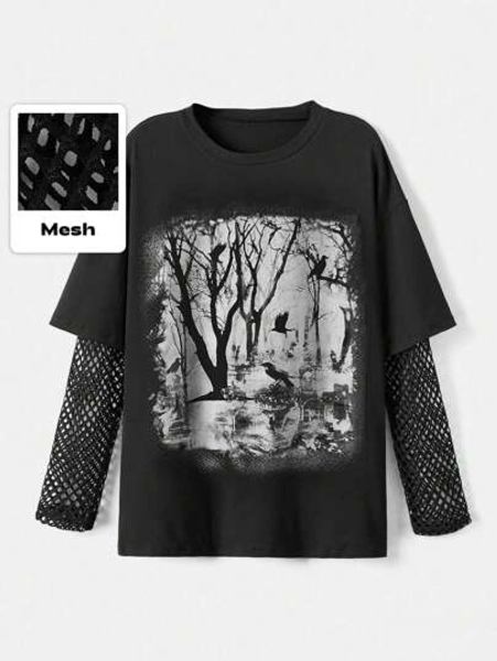 ROMWE Goth Black Gothic Forest Silhouette Printed Mesh Jointed Long Sleeve 2 In 1 T-Shirt, School