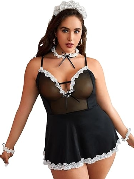 WDIRARA Women's Plus Size Maid Outfit Costume Lace Trim Lingerie Dress 6 Piece Cosplay Set