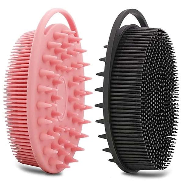 2 Pack Silicone Body Scrubber, Silicone Loofah Double-Sided Body Brush,Silicone Shower Scrubber and Scalp Massager Shampoo Brush for Sensitive Kids Women Men All Kinds of Skin (Black & Pink)