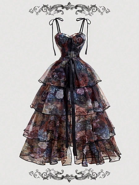 SHEIN MOD Abito vintage nero a figura intera con stampa floreale splendida 2 in 1 con gonne multiple staccabili - Stile palazzo, abito da compleanno, abito da crociera, abito sovrapposto, abito di Ognissanti