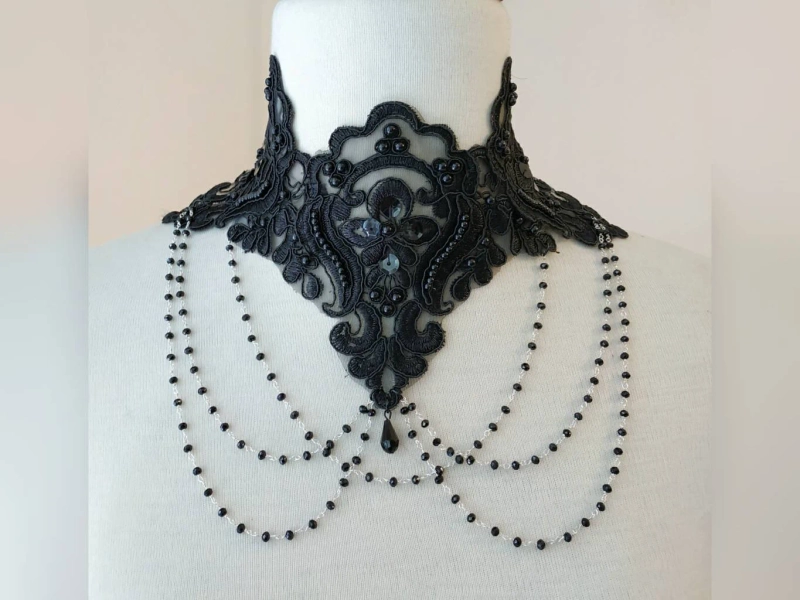 Choker "Daffodils". Gothic lace necklace with beads and crystals. Back laced