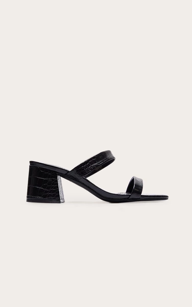 Black Croc Pu Wide Fit Square Toe Block Heeled Mules