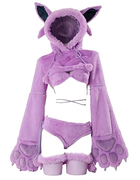 Mobbunny Women's Anime Cosplay Lingerie Set Purple Plush Pajamas Homewear Furry Paw Gloves Hoodie and Bra Panty with Tail
