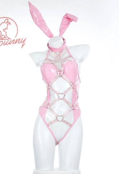 Valentine's Day Bunny Girl Sexy Lingerie Set Pink Bandage Heart Buckle Bodysuit with Hand Ring Headband