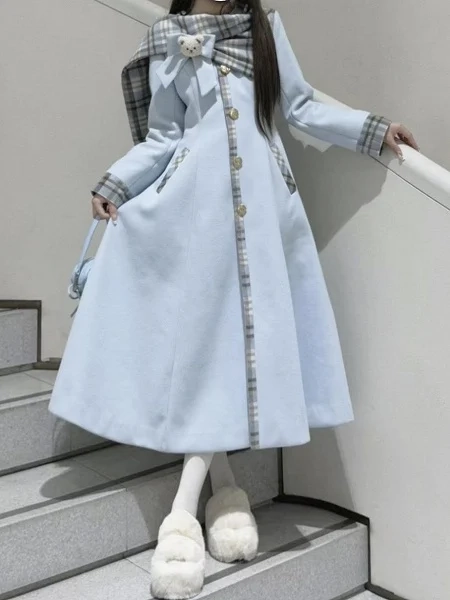 [$84.00]Blue Sweet Vintage Preppy Style Bow Accent Long Coat with Plaid Scarf Details