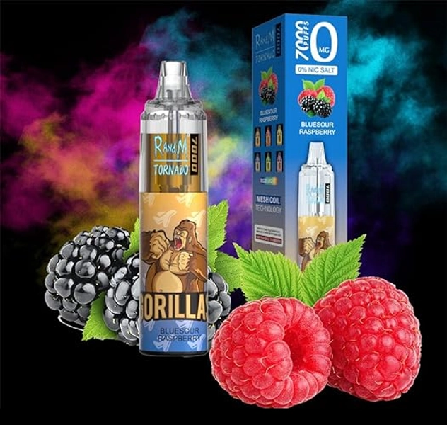 RandM Tornado Rechargeable Disposable Vape Pens, 7000 Puffs Starter Kit, Fruity Flavours, E-Cigarettes, No Nicotine, 2ml Cartridge Capacity, Draw-Activated Vape Pen, Smooth Vaping (BLUE SUR RASPBERRY)