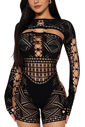 AIMISHI Sexy Long Sleeve Romper for Women See Through Mesh Hollow Out Bodysuit Seamless Jumpsuit - Black