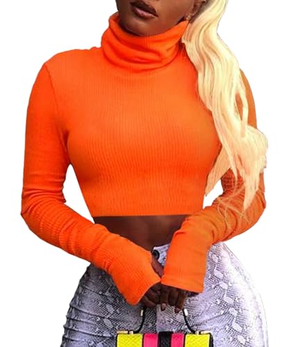 Artfish Women Long Sleeve Turtleneck Crop Tops Neon Ribbed Half Tight Cropped Sweaters Pullovers - Orange - Large