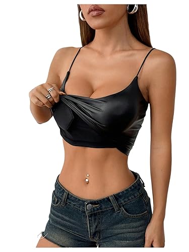 OYOANGLE Women's PU Leather Cami Crop Top Spaghetti Strap Padding Fitted Y2K Camisoles - Large - Black