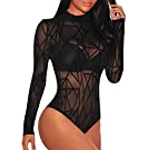 Lrady Women's Sheer Mesh Turtleneck Neck See Through Leotard Bodysuit Body Tops