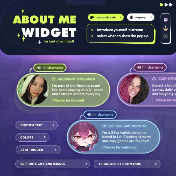 About Me Pop-up Widget | Twitch Raids | 30 Icons and Chat Commands | StreamElements OBS Streamlabs