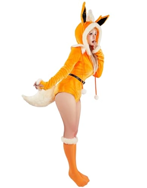 Mobbunny Cute Cartoon Animal Cosplay Costume Fuzzy Onesies Plush Hooded Romper Fluffy Jumpsuit Pajamas with Belt and Tail