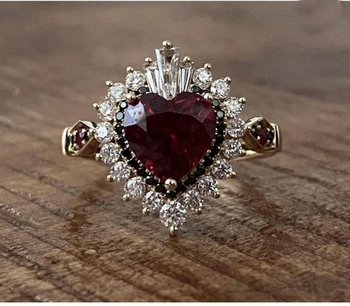 Garnet Heart Cut CZ Stone Ring, Halo Engagement Ring, Multi Stone Wedding Bridal Ring, Gift For Girlfriend, Gemstone 925 Silver Ring For Her