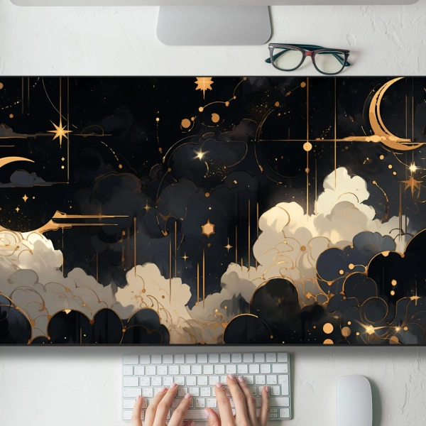 Black And Gold Celestial Desk Mat Gaming Mouse Pad Large Mousepad, MTG playmat, Keyboard Mouse Mat Desk Pad for Work Game Office Home XL
