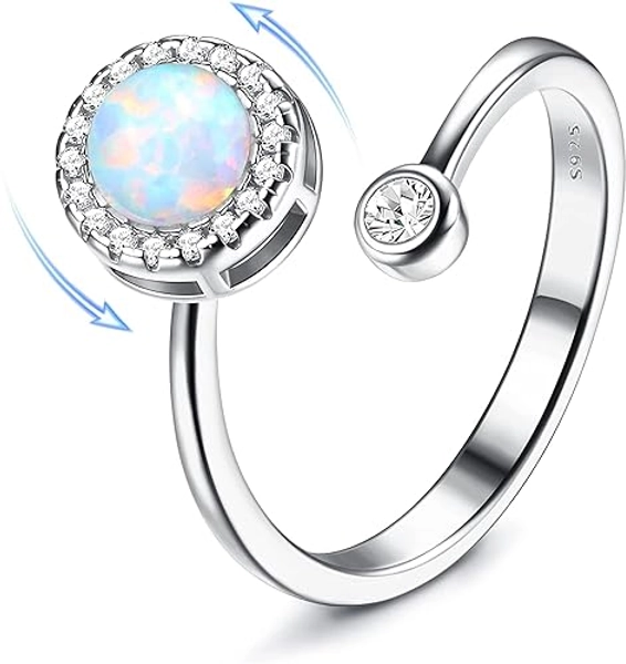 MILACOLATO 925 Sterling Silver Fidget Rings For Women Girl Open Adjustable Anxiety Rings Spinner Ring Moonstone Opal Rings Stackable Knuckle Promise Wedding Engagement Rings with Gift Boxed