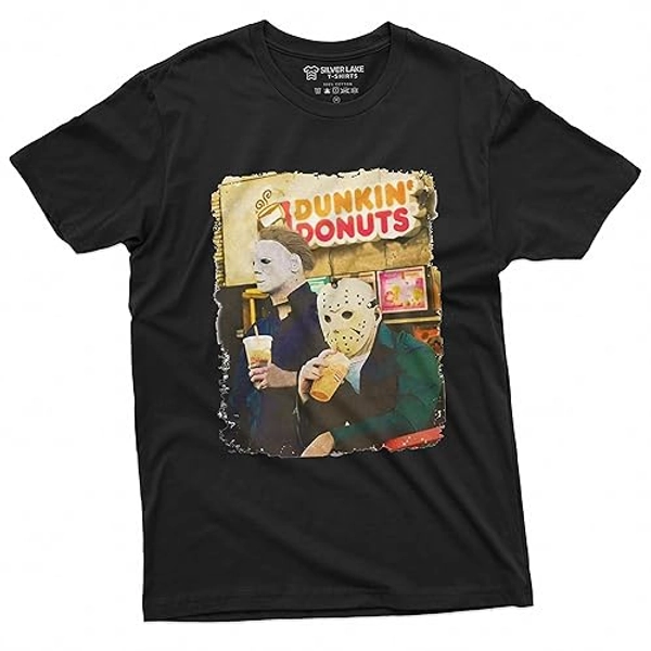 Halloween Movie inspired T-shirt Michael Myers Drinking Coffee Funny humorous Tee for Him