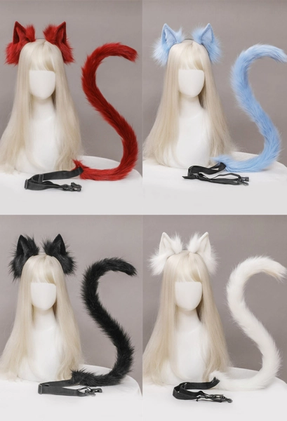 Japanese Style Cat Plush Ears KC and Tail Set Handmade Faux Fur Headband Animal Cosplay Accessory Outfit