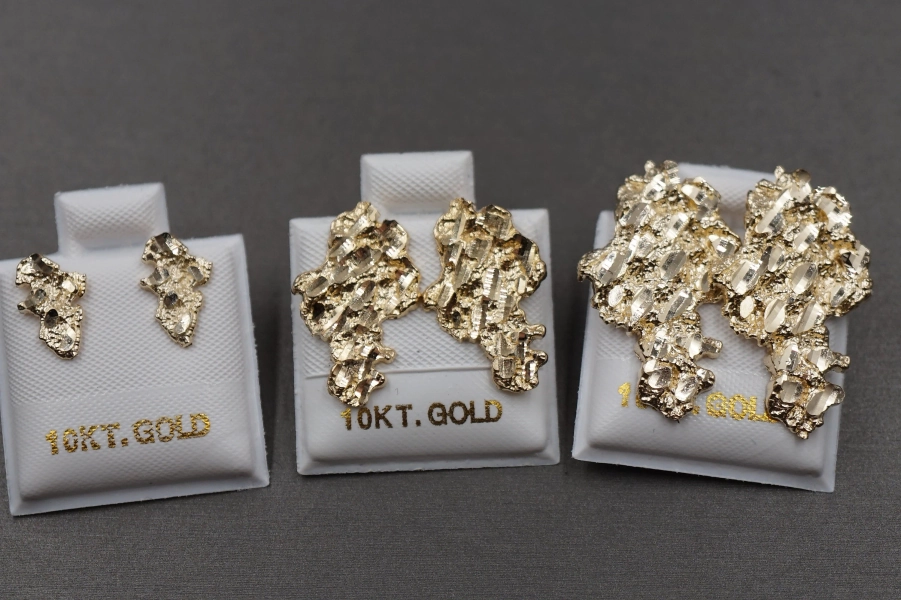 10K Solid Yellow Gold Diamond Cut Golden Nugget Stud Earring. 3 Sizes