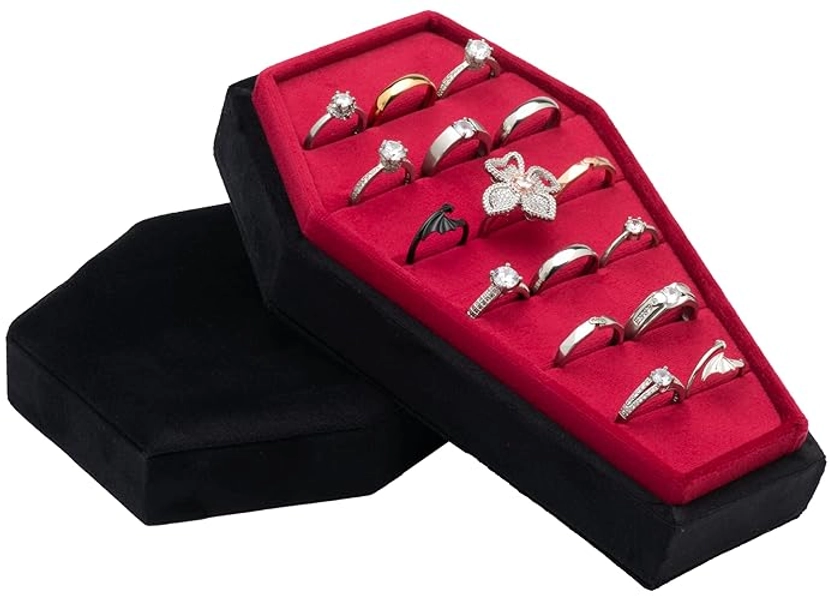 Giftop Large Velvet Coffin Ring Box Jewelry Tray Travel Case Hold Up 15 Rings for Accessories Gothic Home Jewelry Organizer Decorations Goth Decor Gifts (Black and Red)