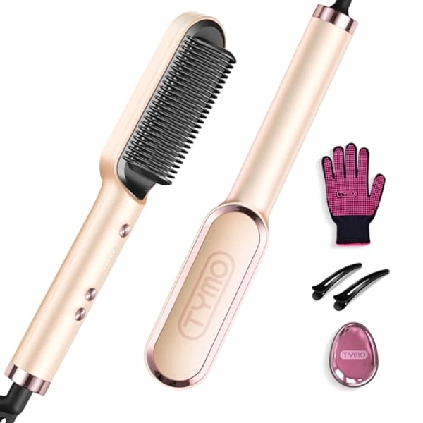 TYMO Ring Hair Straightener Brush – Hair Straightening Iron with Built-in Comb, 20s Fast Heating & 5 Temp Settings & Anti-Scald, Perfect for Professional Salon at Home, Peach