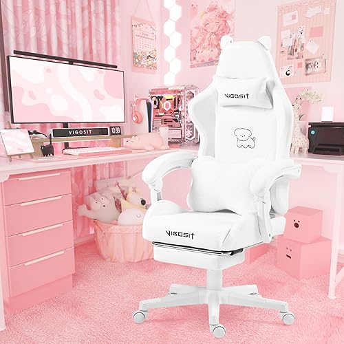 Vigosit Cute Gaming Chair with Lumbar Cushion and Decorated Ears, Ergonomic Computer Chair with Footrest, Reclining PC Game Chair for Girl, Teen, White - Dog White
