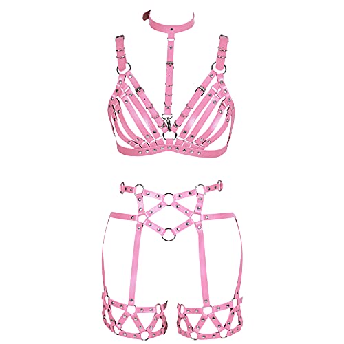 JMMHSS Leather Body Harness Lingerie Cage Set Leg Garter Belt Chest Strap Punk Dance Photography Rock - Pink