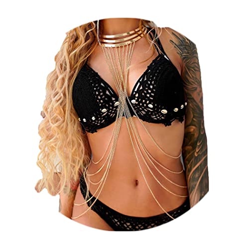 Nicute Boho Gold Body Chain with Choker Layered Bra Chains Summer Beach Body Jewelry for Women and Girls (Pattern 1) - Pattern 1