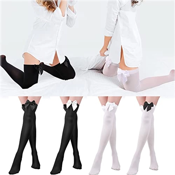 4 Pairs Opaque Bow Stockings Thigh High Stockings Black White Knee High Socks with Bows Women's Knee High Socks Over Knee Long Tights for Girls Ladies