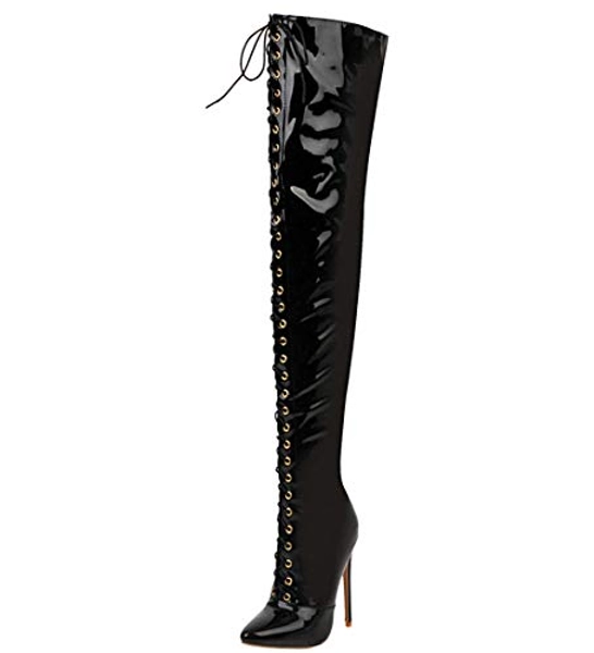 Caradise Womens Patent Thigh High Lace Up Over The Knee Stiletto High Heel Boots