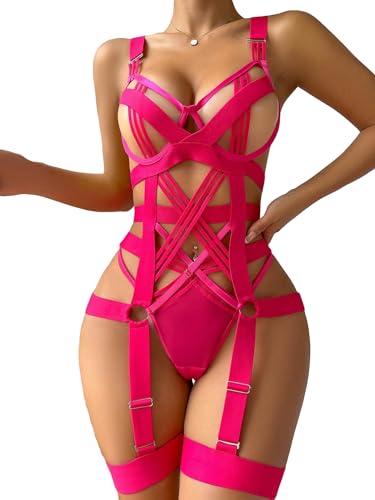WDIRARA Women's Exotic Strappy Harness Hollow Out Underwired 4 Piece Lingerie Set - Small - Hot Pink