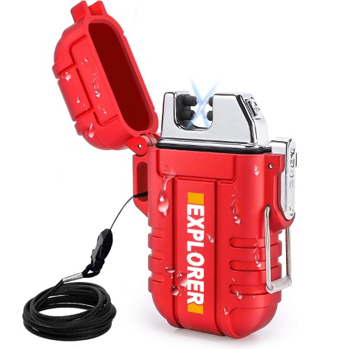 Encendedor Impermeable para Exteriores a Prueba de Viento, Encendedor de Doble arco, Encendedor Eléctrico Recargable por USB, sin Llama, Encendedores Fríos de Plasma para Camping, Aventura, Senderismo, Equipo Táctico de Supervivencia - Rojo