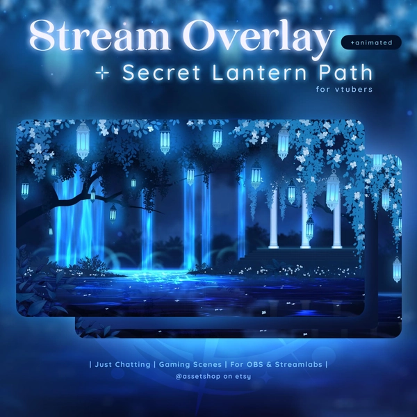 Secret Lantern Path - Stream Twitch Overlay | For Vtubers | Blue Water Theme | Animated | Waterfall | Nature | Flowers | Peaceful | Tranquil