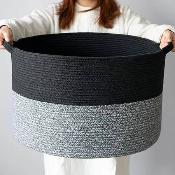 INDRESSME XXXLarge Cotton Rope Basket 21.7" x 21.7" x 13.8" Blanket Basket Woven Wicker Basket Baby Laundry Basket for Toys Storage Basket with Handle Comforter Storage Bins Thread Laundry Hamper