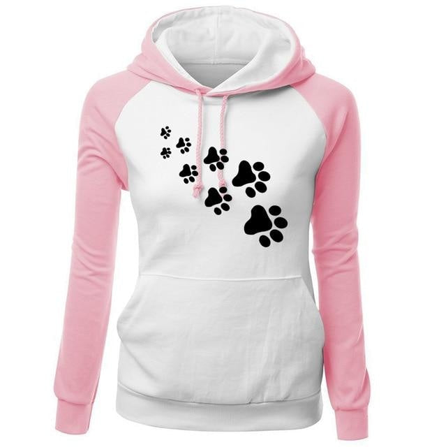 Paw Print Puppy Hoodie - pink white / S