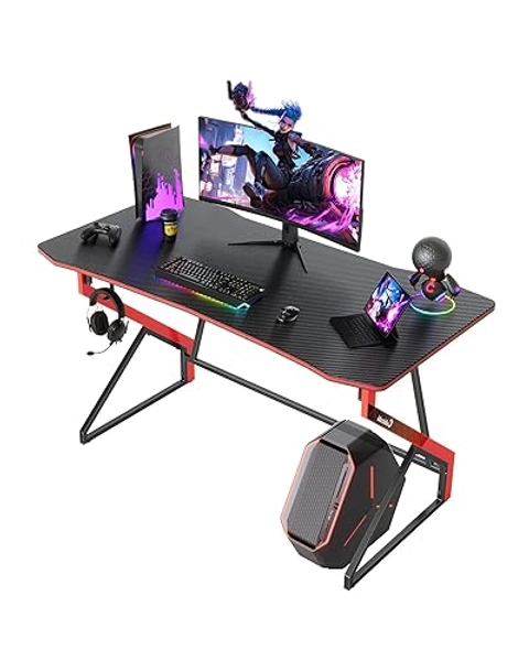 CubiCubi Gaming Schreibtisch, 120 x 60 cm Esport Ergonomischer Computertisch Tisch mit Kohlefaseroberfläche, stabiles Z-Gestell, Kopfhörerhaken zum Spielen, Lernen, Zuhause, Schlafzimmer, Schwarz