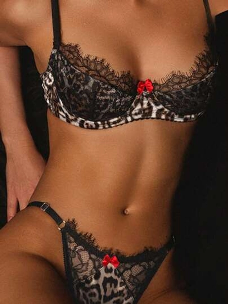 Bridal Lingerie Summer Vacation Outfits Women Eyelash Lace Sexy Leopard Print Lingerie Set 2 Pieces Sets Woman Push Up Underwire Bra With Thongs Mesh Solid Underwear