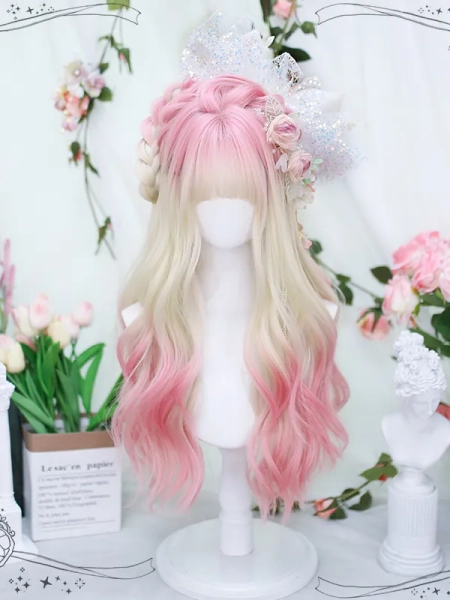 [$21.80]Peach Pink Dip Dyed Long Wavy Synthetic Wig