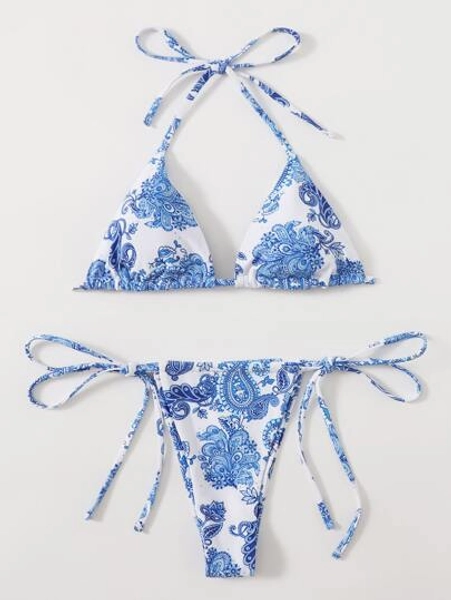 Swim Chiccia Summer Beach Floral & Paisley Bikini Set Triangle Halter Bra & Tie Side Thong 2 Pieces Bikini