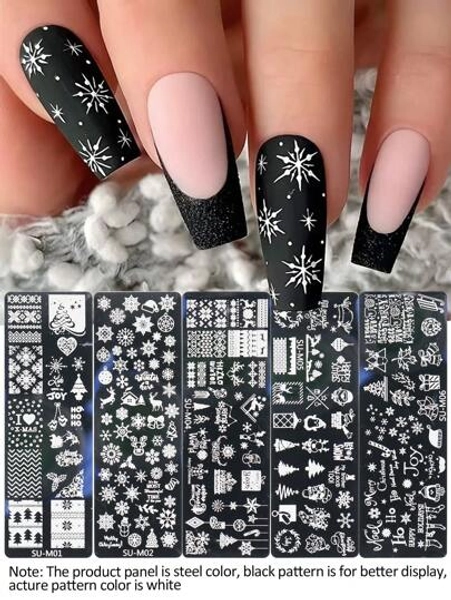 5pcs Christmas Nail Art Stamping Plate Kit Snowflakes Christmas Tree Bells Wreath Elk Nail Mold Nail Art Printing Stencil Template Stainless Steel Manicure Tools For DIY Winter Nail Art Salon Design