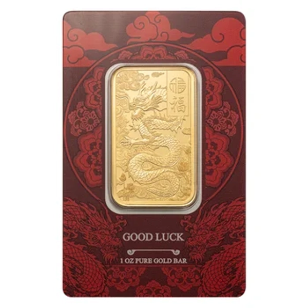 1 oz Gold Bar PAMP Suisse Good Luck Yellow Dragon (New in Assay)