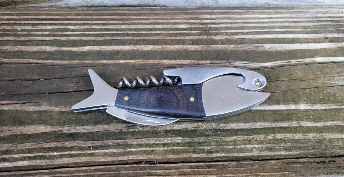 Fish Corkscrew: Wood & Stainless Steel Bottle Opener Foil Cutter