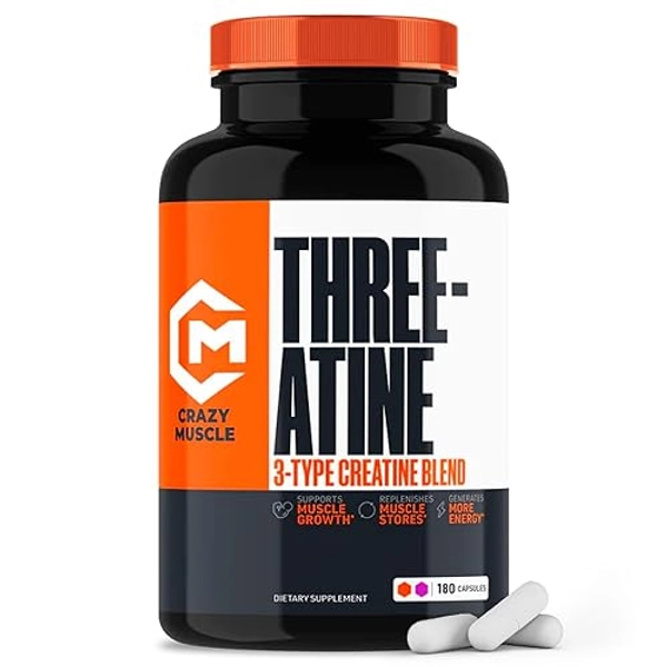 Creatine Capsules - 5g of Premium 3X ThreeAtine Pre Workout Bulk Muscle Mass Gainer - High Absorption Easy-to-Take Creatine Monohydrate Capsules Optimum Performance for Men Women - 180 Capsules