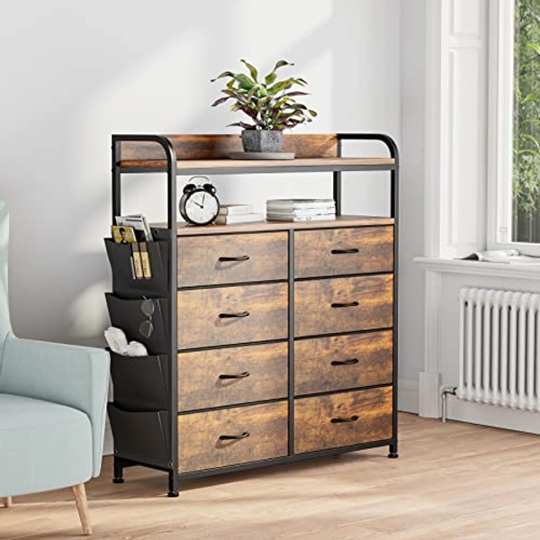 Lulive Dresser with 8 Drawers, Chest of Drawers for Bedroom with Side Pockets, Fabric Storage Dresser, Organizer Unit for Hallway, Closet (8 Drawers - Rustic Brown)