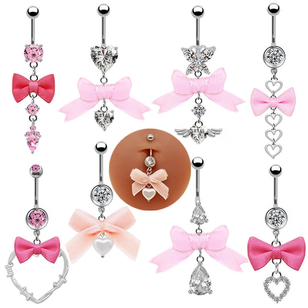 Pink Bow Heart-shaped Alloy Belly Ring