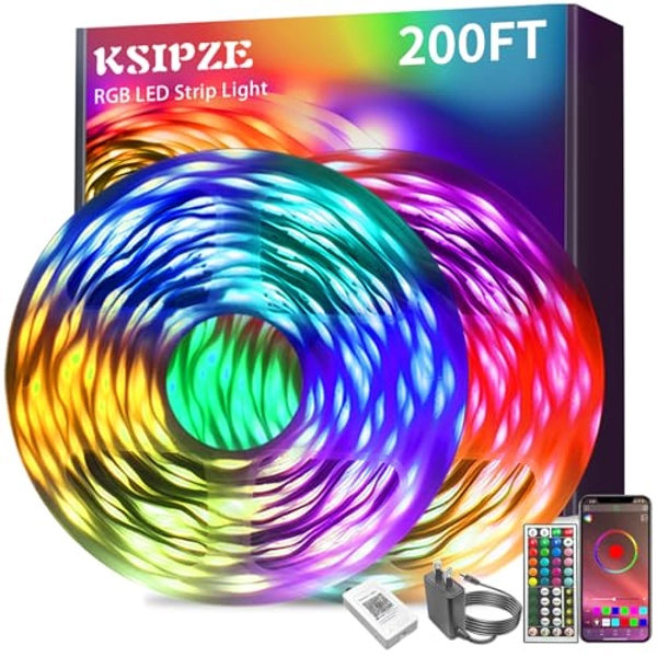 Ksipze led Lights Strip for Bedroom Smart Music Sync RGB Color Changing with App and Remote Control, Power Supply Led Strip Lights for Room Home Party Decoration (200FT)