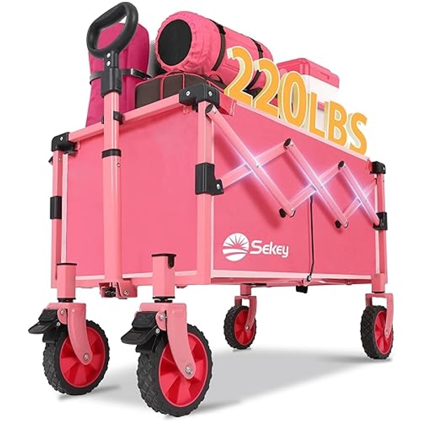 Sekey Collapsible Wagon Cart Foldable with 220LBS Weight Capacity, Lightweight Portable Folding Grocery Shopping Cart with Wheels for Camping Sports Beach and Shopping.Barbie Pink