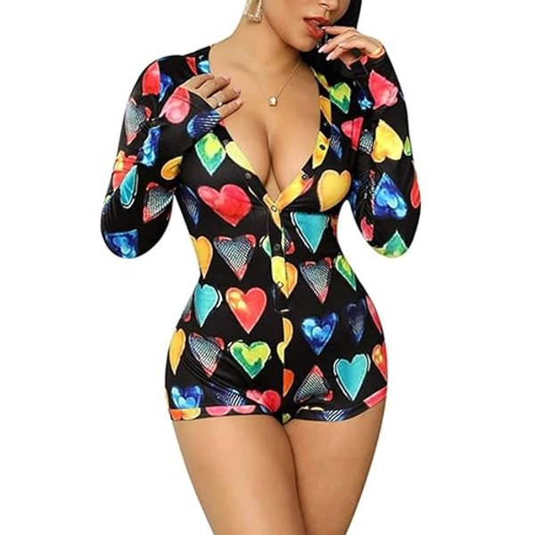 RUEWEY Women V-Neck Shorts Jumpsuit One Piece Bodysuit Pajama Long Sleeve Bodycon Rompers Overall