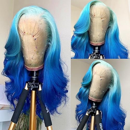 JPIKAQIU Synthetic Lace Front Wigs Ombre Blue Lace Front Wigs Pre Plucked 24 Inch Long Natural Wavy Hair Wig Heat Resistant Glueless Lace Wigs for Fashion Women - ombre blue-LW