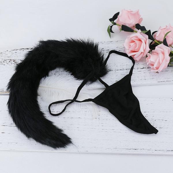 Poofy Bunny Tail Thongs - Black Fox Tail